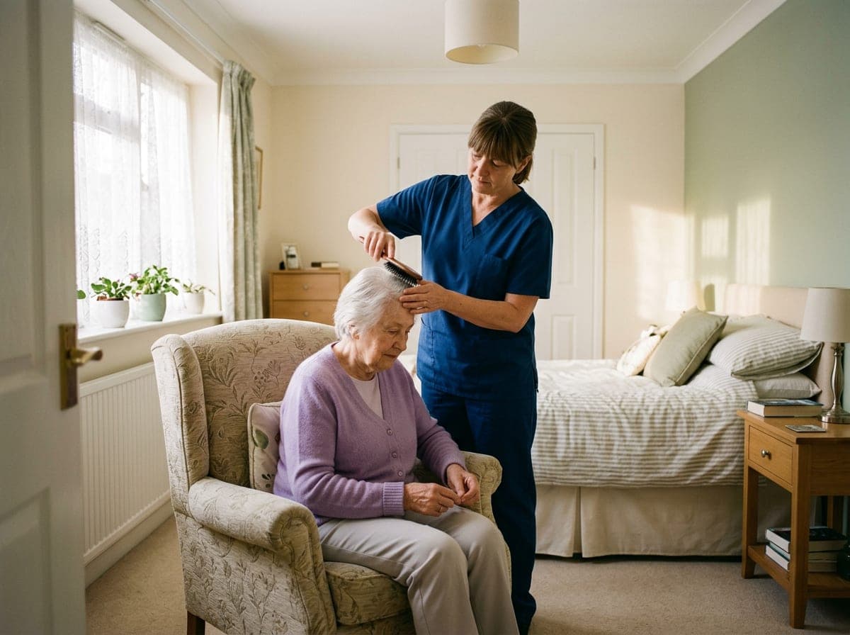 A caregiver assists an older adult with personal grooming in a clean, bright home bathroom, reflecting dignity and attentive care.